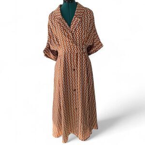 Brown Gracia Nautical Maxi Dress W/ cuffed sleeve button down dress Sz M